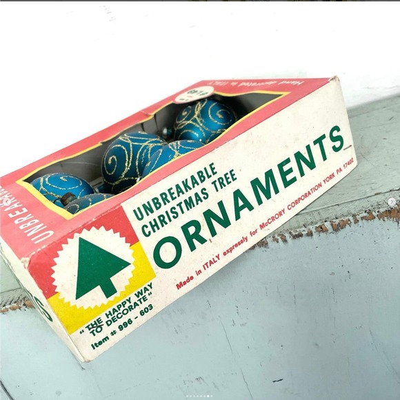 Vintage Christmas Tree Ornaments Plastic Hand Decorated Italy Box Blue SET5 - Picture 7 of 8